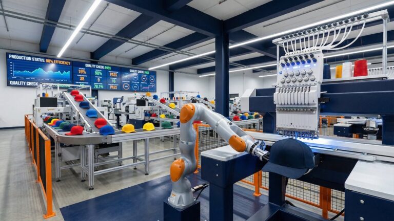 모자 생산 자동화 공장 내부 - CNC 커팅 머신과 자수기가 가동되는 현대식 모자 제조 라인