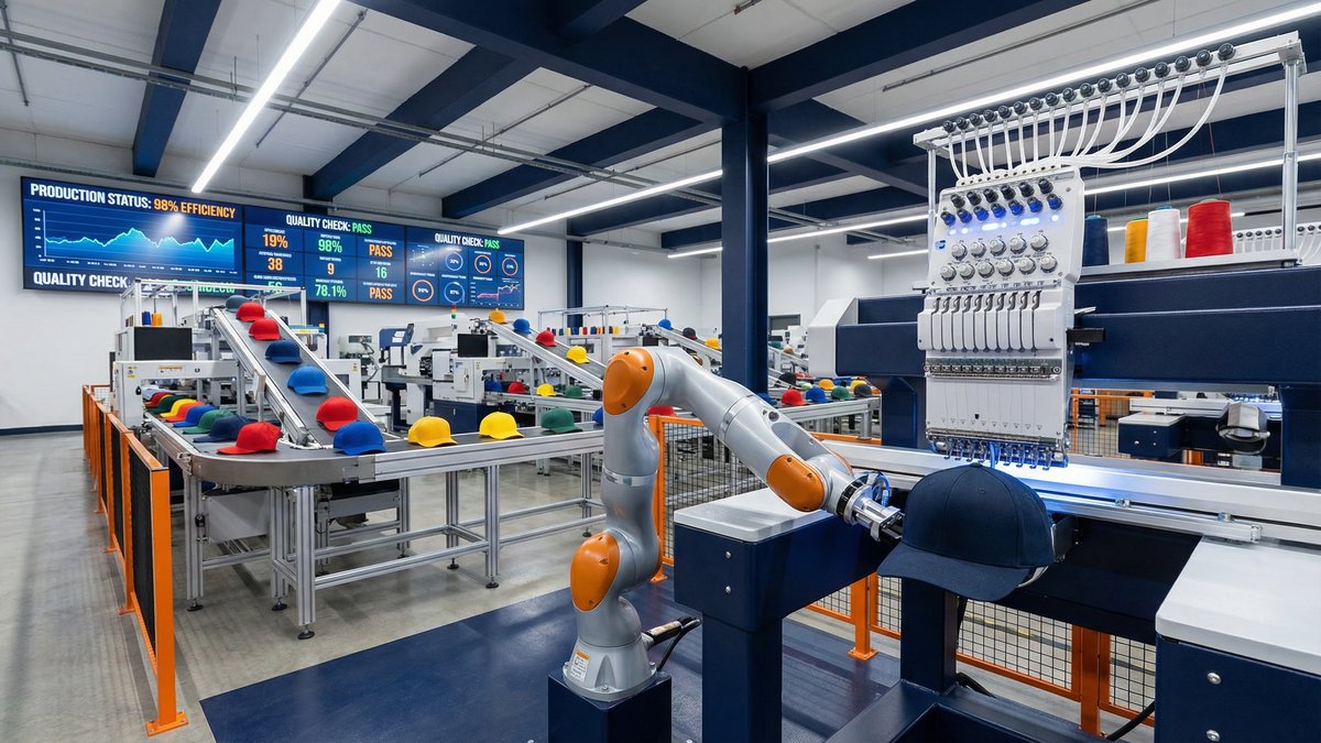 모자 생산 자동화 공장 내부 - CNC 커팅 머신과 자수기가 가동되는 현대식 모자 제조 라인